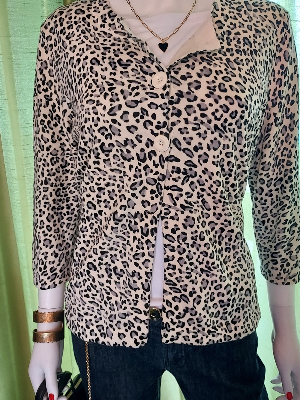 Women's Black & Cream Leopard Print Button-Front Cardigan.Sz. PL NWOT.